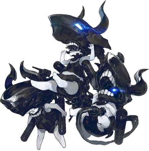 10s, 3girls, abyssal_ship, akira_(kadokawa), female_focus, horns, kantai_collection, lowres, multiple_girls, official_art, pale_skin, patrol_boat_imp_group, pt_imp_group, toddler, transparent_background