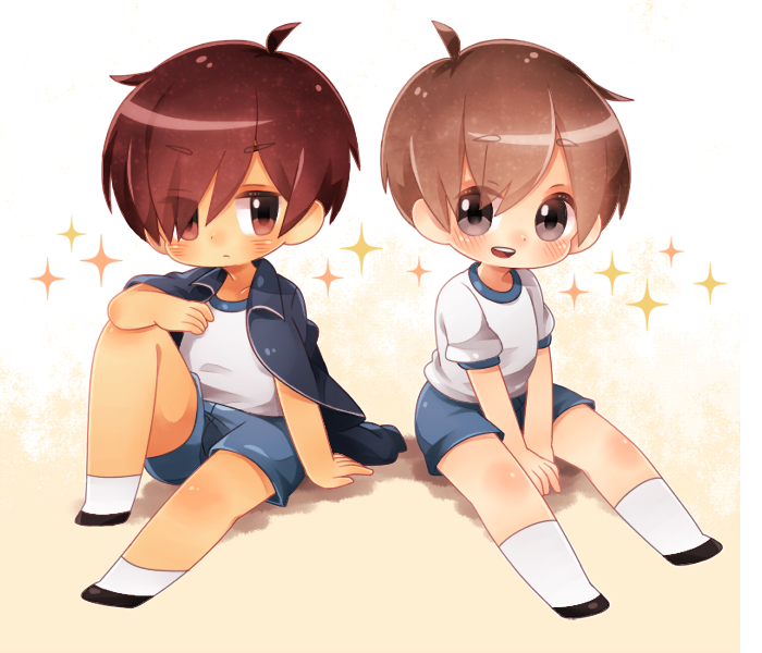 2boys, brown_eyes, brown_hair, male_focus, multiple_boys, nyaco, original, red_eyes