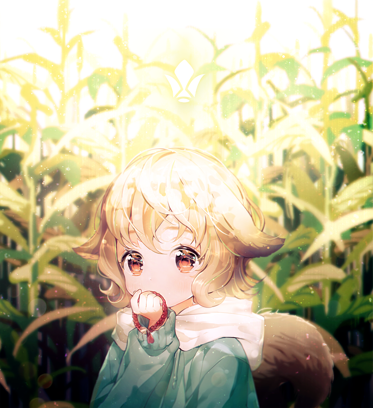 1girl, animal_ears, atra_mixta, blonde_hair, blush, corn_field, dog_ears, dog_tail, female_focus, field, gomzi, gundam, gundam_tekketsu_no_orphans, hood, hood_down, hoodie, kemonomimi_mode, long_sleeves, outdoors, red_eyes, rope, short_hair, solo, tail, upper_body