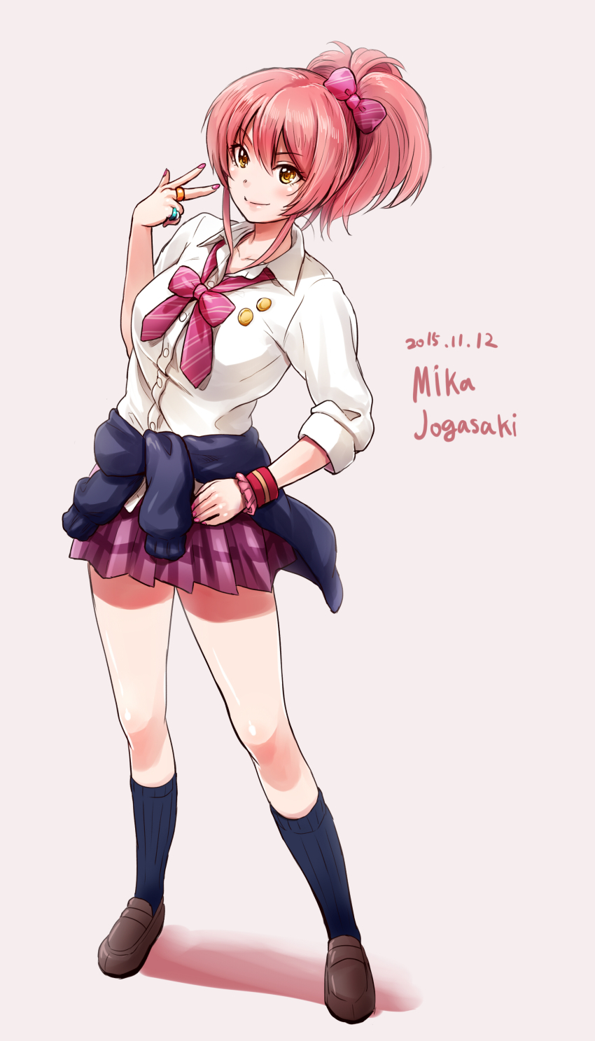 10s, 1girl, 2015, absurdres, blue_socks, blush, bow, character_name
