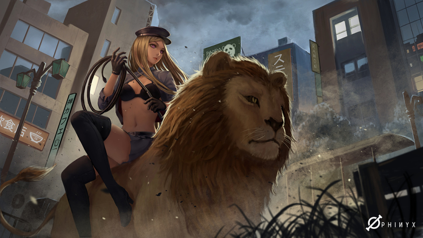 10s, 1girl, animal, belt, bishamonten_(noragami), black_bra, blonde_hair, blue_skirt, boots, bra, breasts, brown_gloves, building, city, cleavage, cloud, cloudy_sky, expressionless, female_focus, gloves, grass, hat, holding, holding_whip, kuraha_(noragami), lamppost, lion, namae_shifuta, navel, noragami, purple_eyes, sign, sitting_on_animal, skirt, sky, solo, thigh_boots, thighhighs, underwear, whip, whiskers, zettai_ryouiki