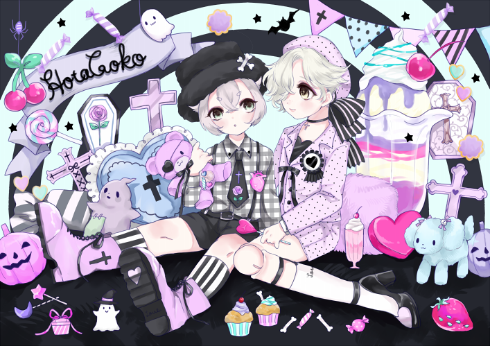 10s, 2boys, blonde_hair, bug, candy, cherry, coffin, cross