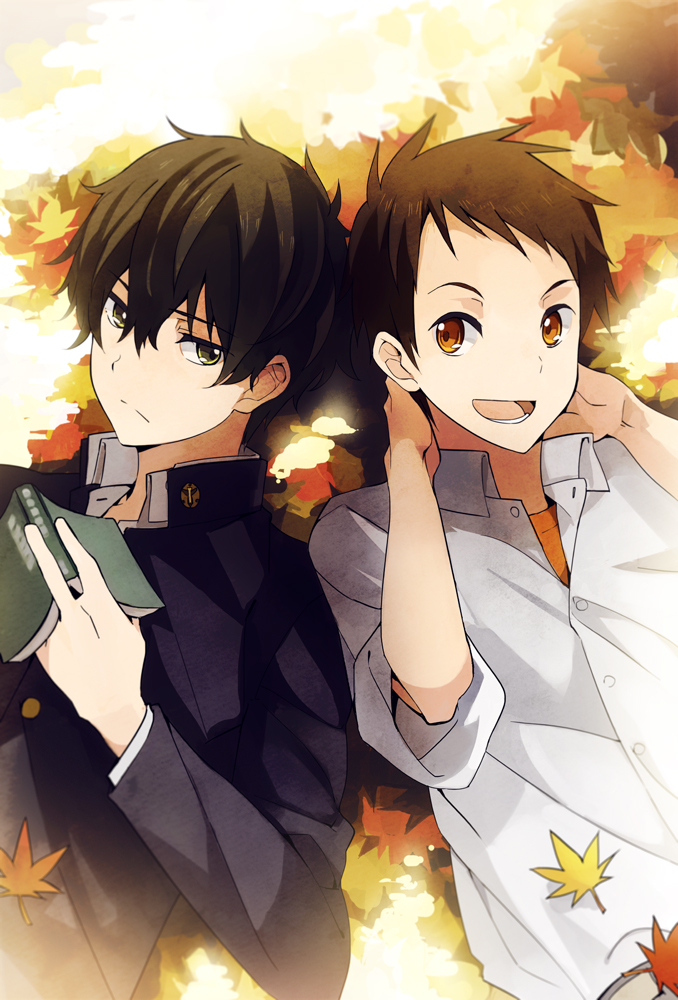 10s, 2boys, black_hair, book, brown_eyes, brown_hair, fukube_satoshi, gakura