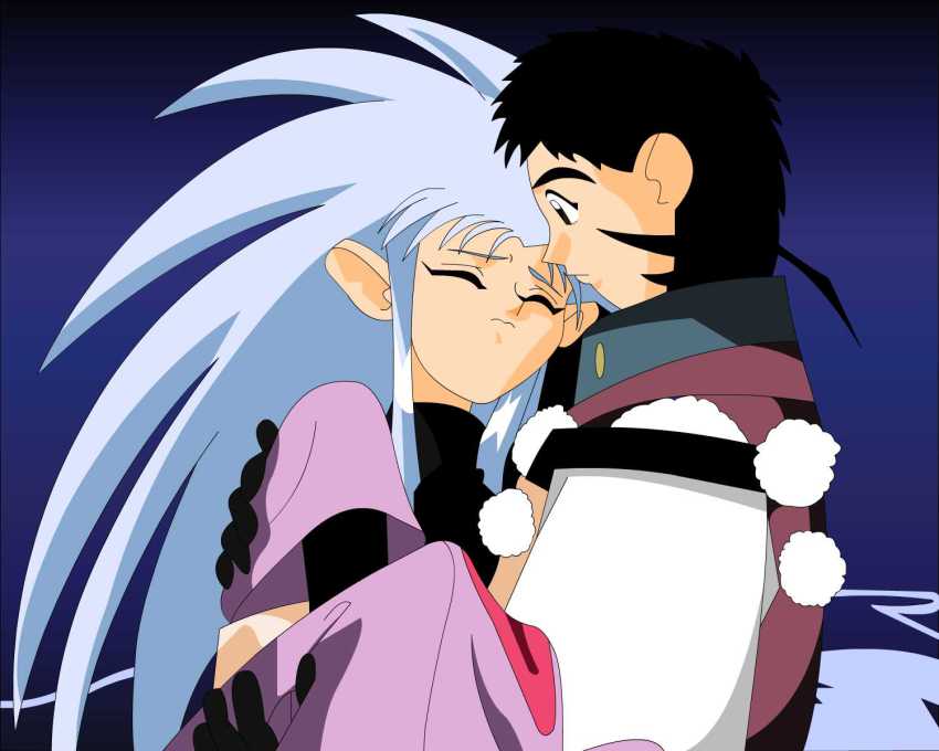 1boy, 1girl, black_hair, blue_hair, couple, derivative_work, hetero, highres, hug, masaki_tenchi, ryouko_(tenchi_muyou!), spiked_hair, tenchi_muyou!, vector_trace, zero_(tenchi_muyou!)