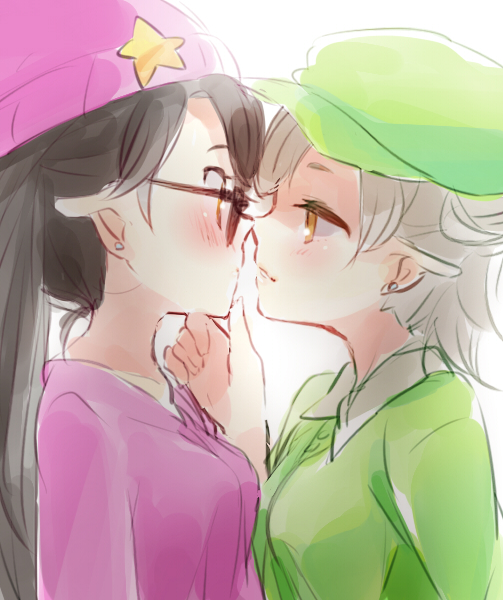 2girls, alternate_costume, black_hair, blush, callie_(agent_1_casual)_(splatoon), callie_(splatoon), earrings, fangs, hat, hood, hoodie, imminent_kiss, incest, inkling, jewelry, long_hair, marie_(agent_2_casual)_(splatoon), marie_(splatoon), mole, mole_under_eye, multiple_girls, nintendo, parted_lips, pointy_ears, short_hair, smile, splatoon_(series), splatoon_1, tentacle_hair, ukata, yuri