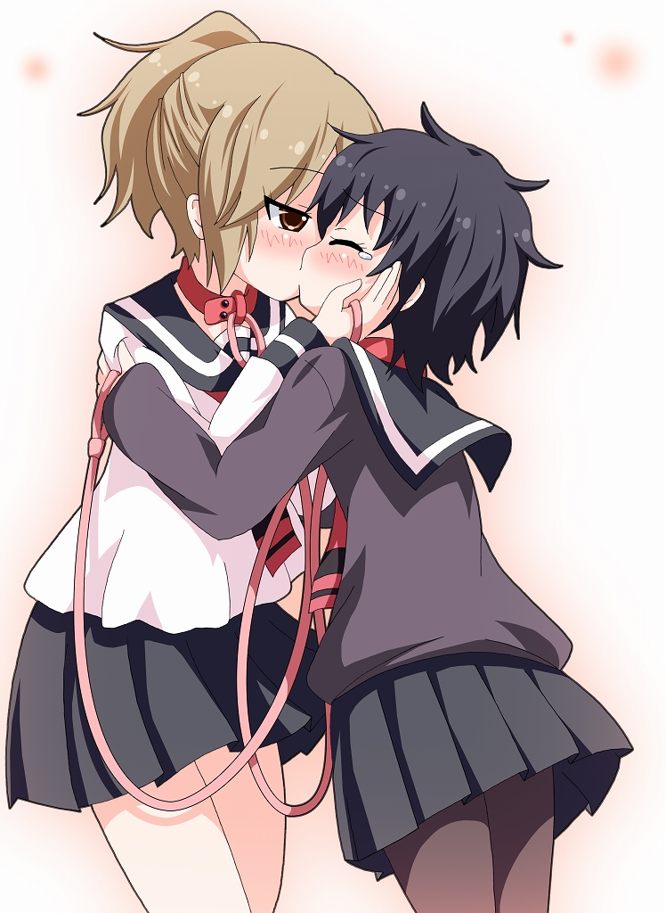 2girls, black_hair, blush, brown_eyes, brown_hair, collar, closed_eyes, hug