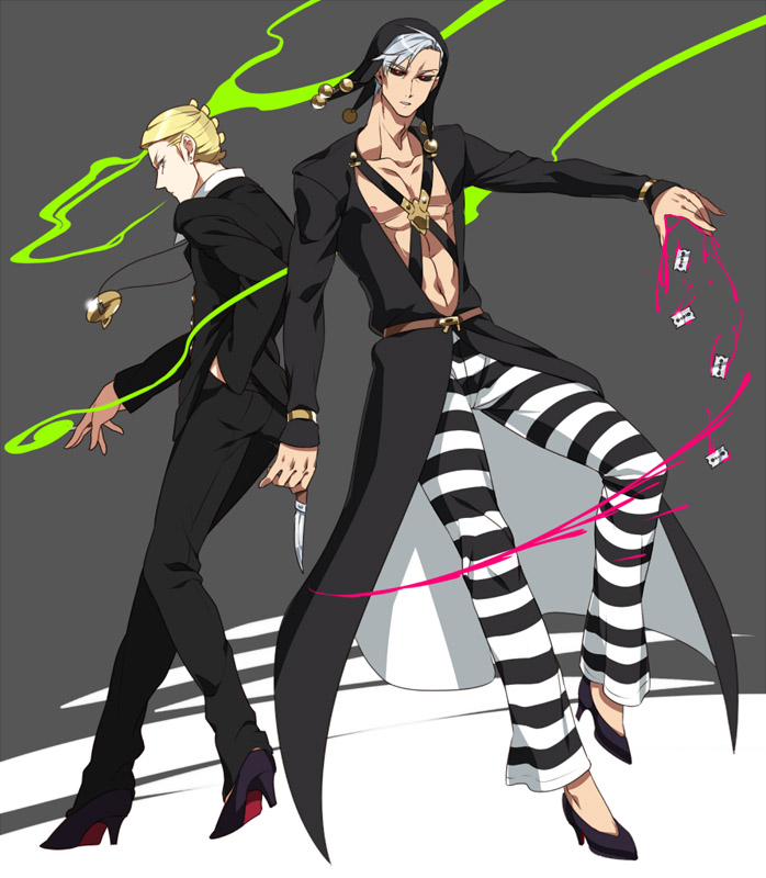 2boys, blonde_hair, grey_hair, hat, high_heels, hokuto_shun, jojo_no_kimyou_na_bouken, male_focus