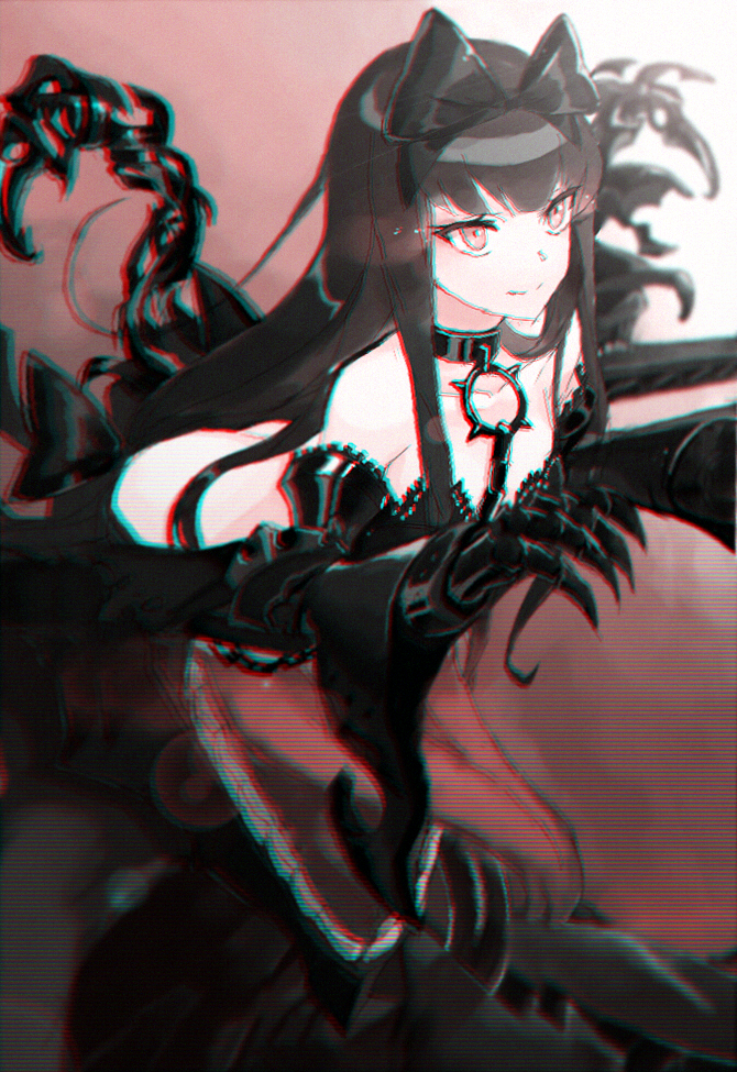 10s, 1girl, abyssal_ship, bare_shoulders, black_bow, black_dress, black_hair, blurry