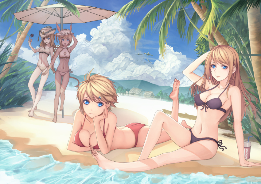 4girls, aichi_d3a, bad_id, bad_pixiv_id, barefoot, beach, beach_umbrella, bikini, blonde_hair, blue_eyes, breasts, brown_hair, california_(warship_girls_r), catsmoon, cleavage, cloud, day, feet, front-tie_top, hair_ornament, hairclip, head_rest, heterochromia, highres, impending_doom, large_breasts, leg_up, long_hair, lying, mountain, multiple_girls, navel, nevada_(warship_girls_r), oklahoma_(warship_girls_r), on_stomach, outdoors, palm_tree, sand, short_hair, side-tie_bikini_bottom, sitting, sky, swimsuit, tennessee_(warship_girls_r), the_pose, tree, umbrella, warship_girls_r, water