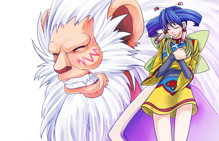 1boy, 1girl, bad_id, bad_pixiv_id, blue_hair, breasts, closed_eyes, grandia