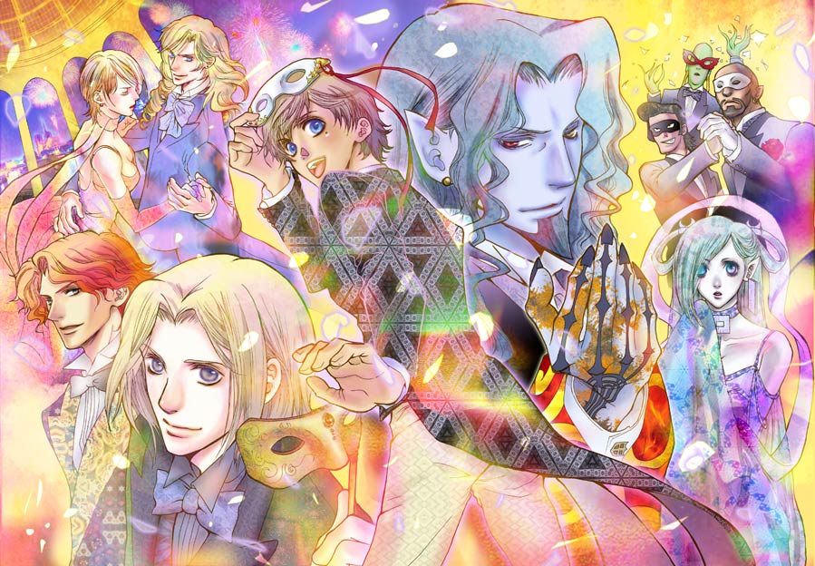 00s, 2girls, 6+boys, albert_de_morcerf_(gankutsuou), ali, alien, andrea_cavalcanti_(gankutsuou), baptistin_(gankutsuou), bertuccio_(gankutsuou), blonde_hair, bow, bowtie, brown_hair, collar, collarbone, colorful, count_of_monte_cristo_(gankutsuou), dancing, dark_skin, earrings, eugenie_danglars_(gankutsuou), closed_eyes, fingernails, flower, formal_clothes, franz_d'epinay_(gankutsuou), gankutsuou, green_hair, hair_over_one_eye, haydee_(gankutsuou), heterochromia, jewelry, long_fingernails, long_hair, looking_at_viewer, lucien_debray_(gankutsuou), mask, masquerade, mikuni, multiple_boys, multiple_girls, neck_ribbon, patterned, petals, red_eyes, red_hair, ribbon, rose, shawl, short_hair, smile, traditional_bowtie, tuxedo, very_long_hair, yellow_eyes