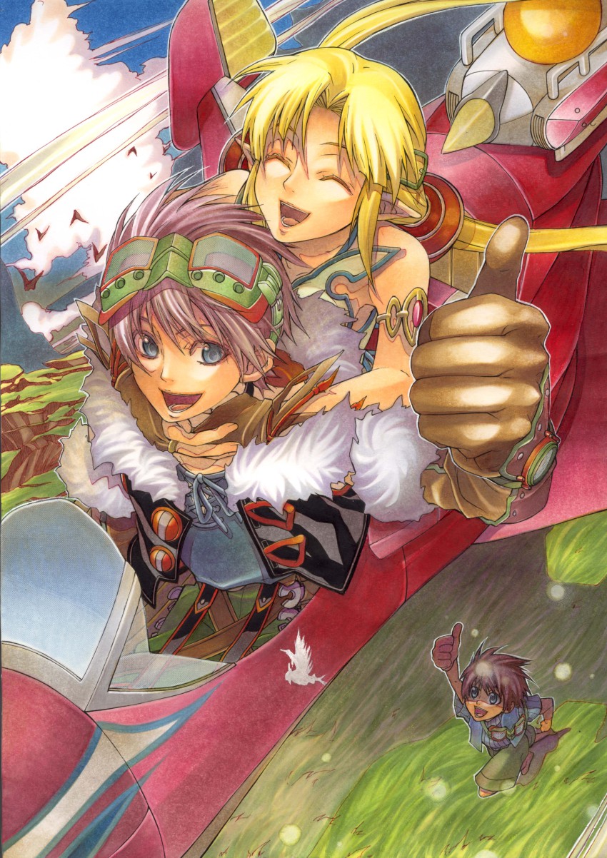 1girl, 2boys, :d, absurdres, alfina_(grandia), bird, blonde_hair, blue_eyes