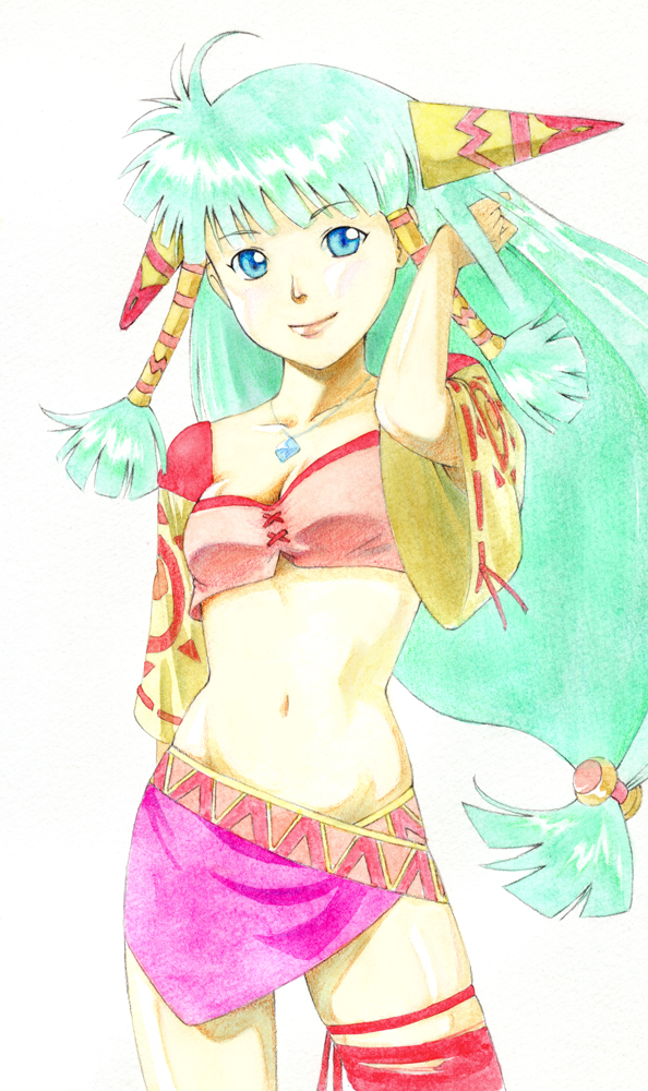 1girl, aqua_hair, bad_id, bad_pixiv_id, blue_eyes, breasts, cleavage, cowboy_shot