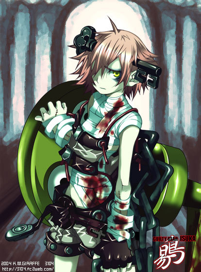 1girl, a.b.a, arc_system_works, bandages, blood, chain, female_focus, fingerless_gloves, frankenstein's_monster, gloves, green_eyes, groin, guilty_gear, hair_ornament, hair_over_one_eye, homunculus, key, key_in_head, konohana_m_giraffe, object_through_head, paracelsus_(guilty_gear), red_hair, short_hair, single_glove, solo