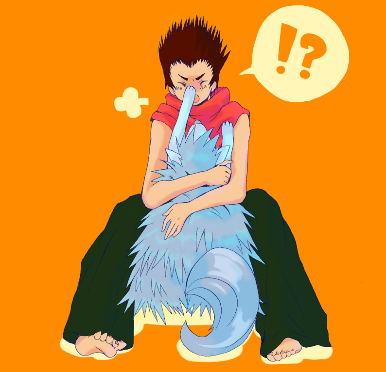 !?, 1boy, arc_the_lad, arc_the_lad_ii, bare_arms, barefoot, blush, brown_hair