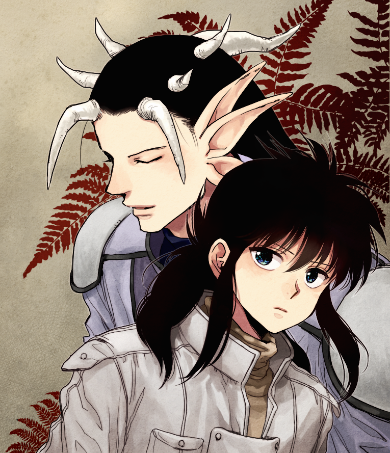2boys, alternate_hair_color, black_hair, blue_eyes, extra_ears, closed_eyes, horns, jacket
