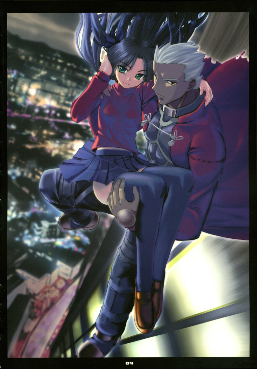 00s, 1boy, 1girl, archer_(fate), black_thighhighs, carrying, city, fate/stay_night