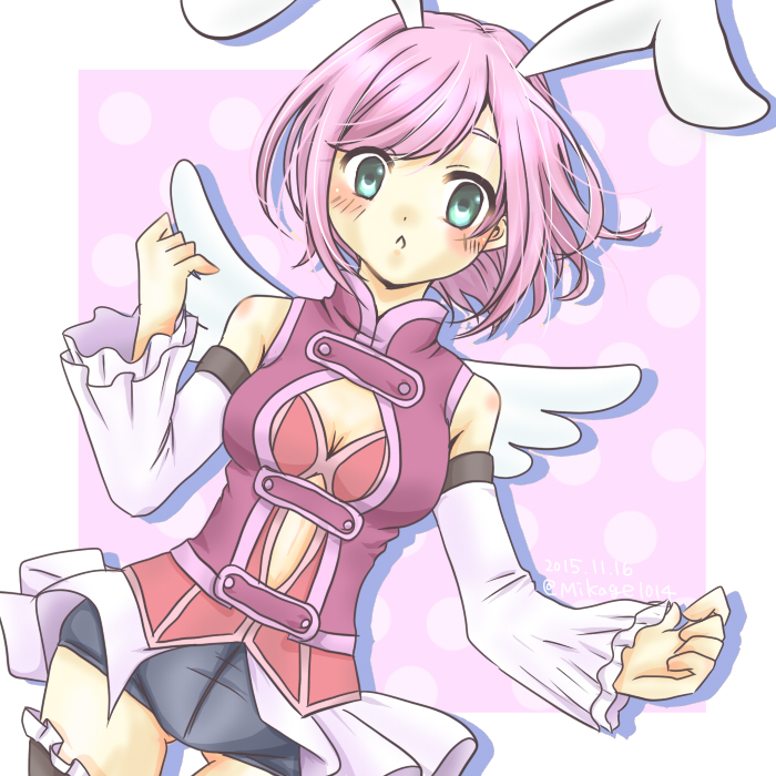 00s, 1girl, animal_ears, blush, breasts, buruma, cleavage, cowboy_shot