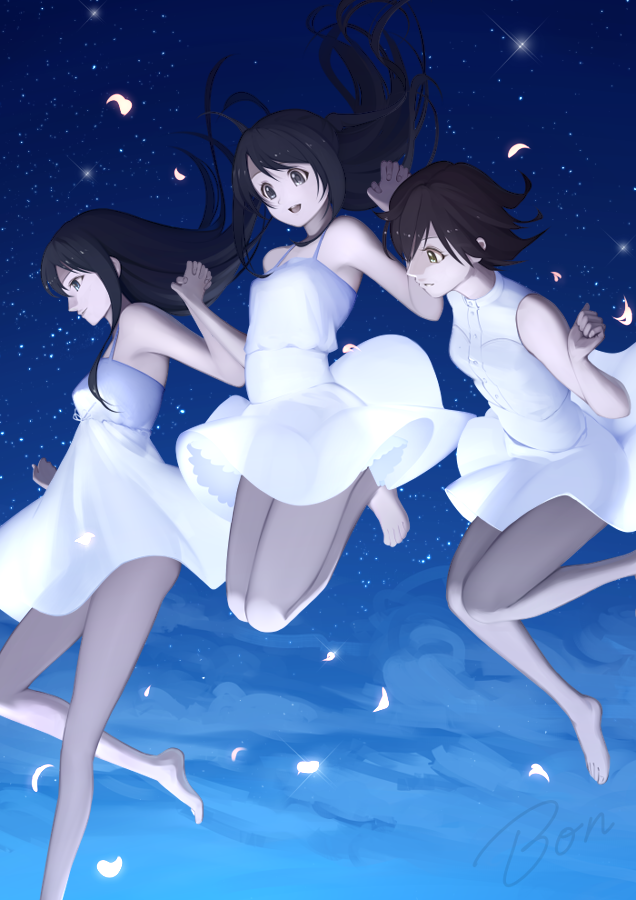 10s, 3girls, bad_id, bad_pixiv_id, bon_nob, brown_hair, dress, holding_hands