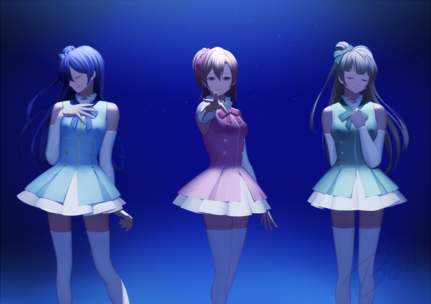 10s, 3girls, blue_background, blue_eyes, bon_nob, bow, dress, hand_on_own_chest, kosaka_honoka, long_hair, looking_at_viewer, love_live!, love_live!_school_idol_festival, love_live!_school_idol_project, minami_kotori, multiple_girls, outstretched_hand, ribbon, short_hair, smile, sonoda_umi, start:dash!!