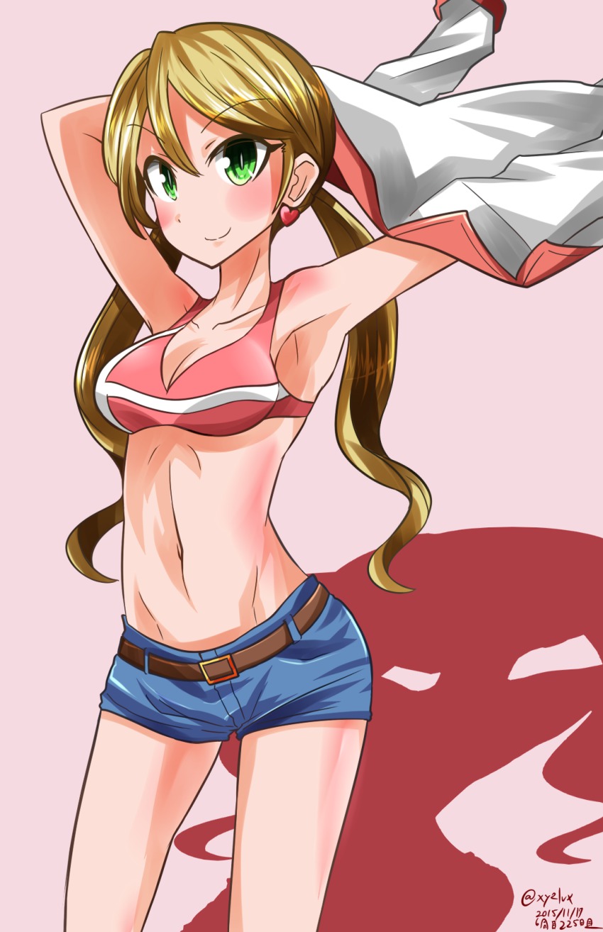 1girl, armpits, bikini, bikini_top_only, blonde_hair, blush, breasts, cleavage