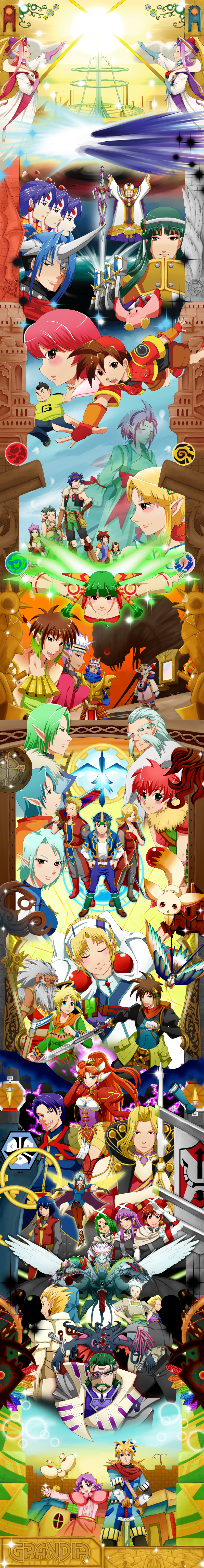 6+boys, 6+girls, absolutely_everyone, absurdres, alfina_(grandia), alonso_(grandia), antennae, baal_(grandia), bad_id, bad_pixiv_id, bare_shoulders, black_hair, blue_eyes, blue_hair, breasts, brown_eyes, brown_hair, dahna_(grandia), elena_(grandia), emellious_(grandia), everyone, eyepatch, facial_mark, feena_(grandia), forehead_mark, gadwin_(grandia), glasses, granas, grandia, grandia:_parallel_trippers, grandia_i, grandia_ii, grandia_iii, grandia_xtreme, green_eyes, green_hair, guido_(grandia), hect_(grandia), highres, justin_(grandia), keyhole, leen_(grandia), liete_(grandia), long_hair, long_image, mareg_(grandia), melfice_(grandia), milda_(grandia), millenia_(grandia), miranda_(grandia), miranda_(grandia_iii), mullen_(grandia), multiple_boys, multiple_girls, nana_(grandia), pince-nez, pink_hair, pointy_ears, purple_eyes, purple_hair, puui_(grandia), rapp_(grandia), red_eyes, red_hair, roan_(grandia), ryudo_(grandia), selene_(grandia), shirou_(grandia), short_hair, sky, soudou_utsumi, sue_(grandia), sword, tall_image, tio_(grandia), ulf_(grandia), weapon, wings, yuki_(grandia), yuuhi_(grandia), zera_innocentius
