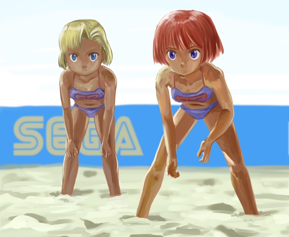 2girls, alternate_costume, beach, beach_volleyball, bikini, blue_bikini, burning_rangers, chris_parton