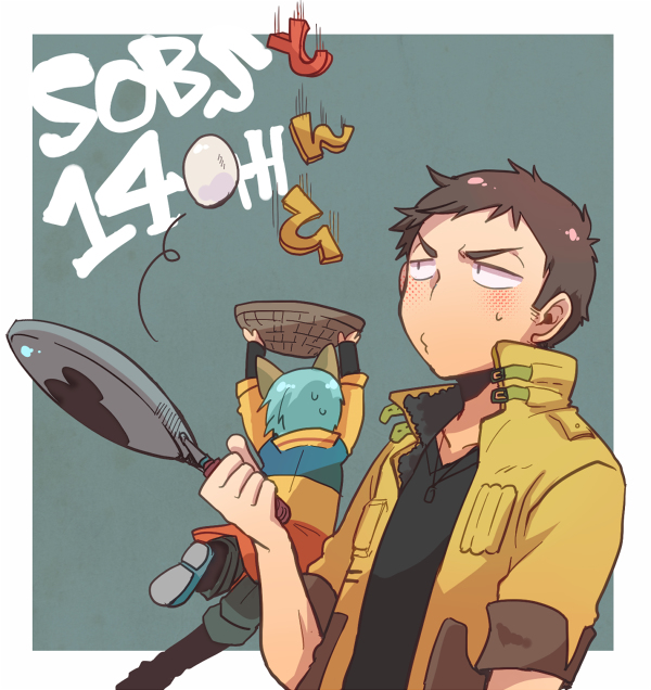 2boys, bad_id, bad_pixiv_id, bowman_jean, brown_hair, egg, food, frying_pan