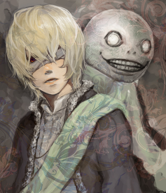 1boy, bald, blank_eyes, emil_(nier), eyepatch, green_shawl, male_focus, mizu_(mzxxx)