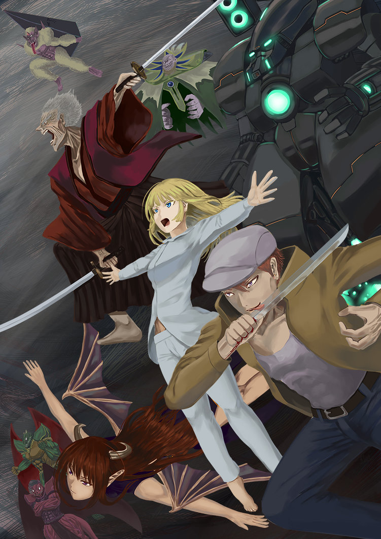 1girl, 2girls, akura_(arc_the_lad), arc_the_lad, arc_the_lad_ii, barefoot, black_wings, blonde_hair