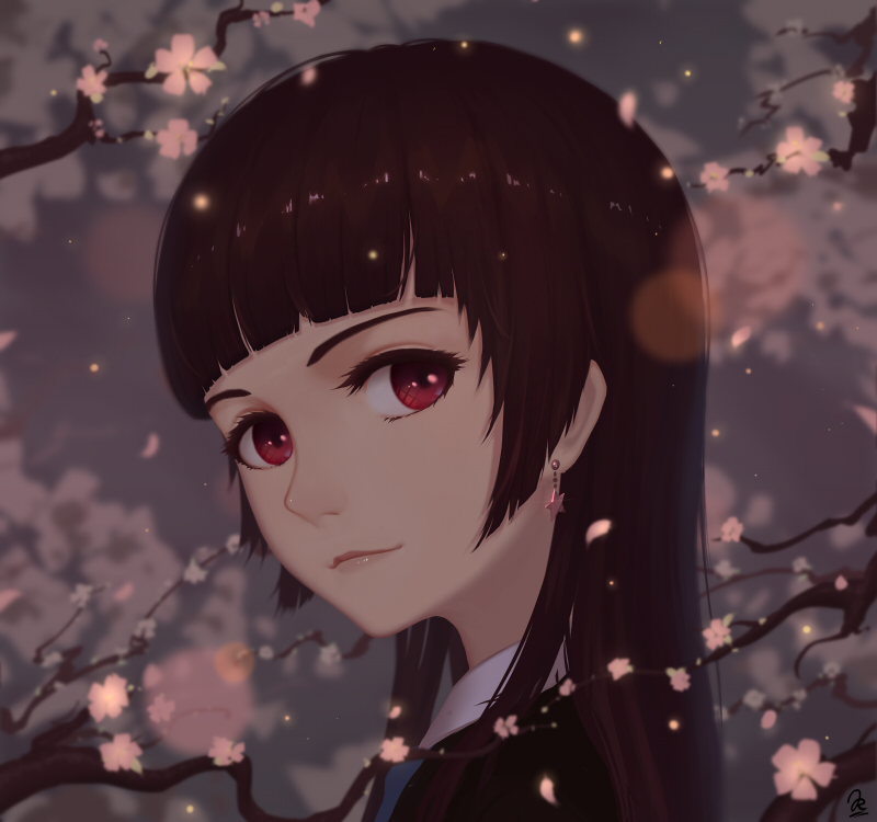 1girl, blunt_bangs, brown_hair, cherry_blossoms, earrings, female_focus, flower, jewelry
