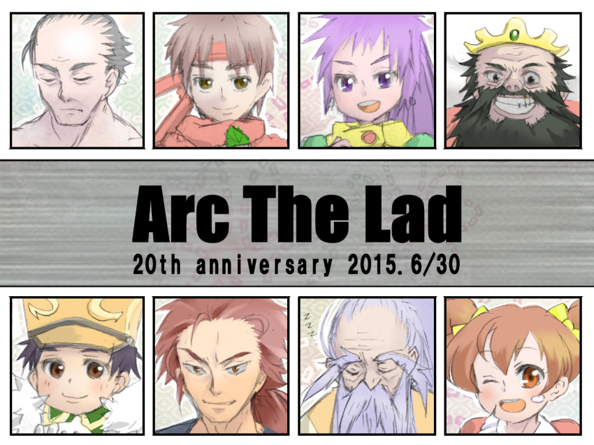 2girls, 6+boys, arc_(arc_the_lad), arc_the_lad, bandana, brown_hair, choko_(arc_the_lad), chongora_(arc_the_lad)