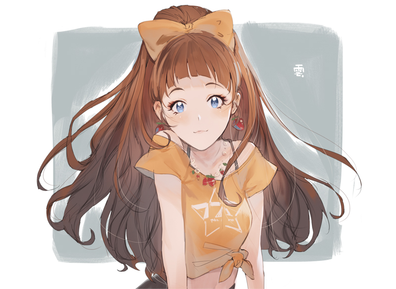 1girl, bare_shoulders, blue_eyes, blunt_bangs, brown_hair, earrings, ekao, female_focus