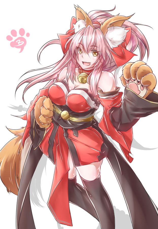 1girl, aleixww, animal_ears, bare_shoulders, bell, black_thighhighs, breasts, cleavage, collar, detached_sleeves, fate/grand_order, fate_(series), female_focus, fox_ears, fox_tail, hair_ribbon, japanese_clothes, large_breasts, long_hair, looking_at_viewer, neck_bell, open_mouth, pink_hair, ribbon, solo, tail, tamamo_cat_(fate), tamamo_cat_(first_ascension)_(fate), tamamo_no_mae_(fate), thighhighs, yellow_eyes