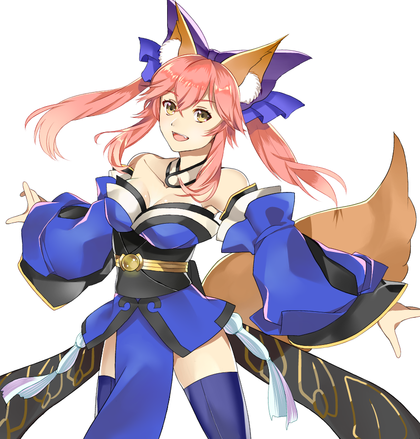 10s, 1girl, animal_ears, bad_id, bad_pixiv_id, bare_shoulders, blue_thighhighs, bow, breasts, cleavage, collarbone, detached_sleeves, fang, fate/extra, fate_(series), female_focus, fox_ears, fox_tail, hair_bow, hair_ribbon, japanese_clothes, l_(nanaki_0524), long_hair, looking_at_viewer, open_mouth, pink_hair, ribbon, simple_background, solo, tail, tamamo_no_mae_(fate), thighhighs, twintails, white_background, yellow_eyes
