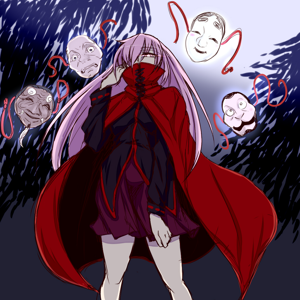 1girl, backlighting, black_shirt, cape, cosplay, cowboy_shot, dark, female_focus