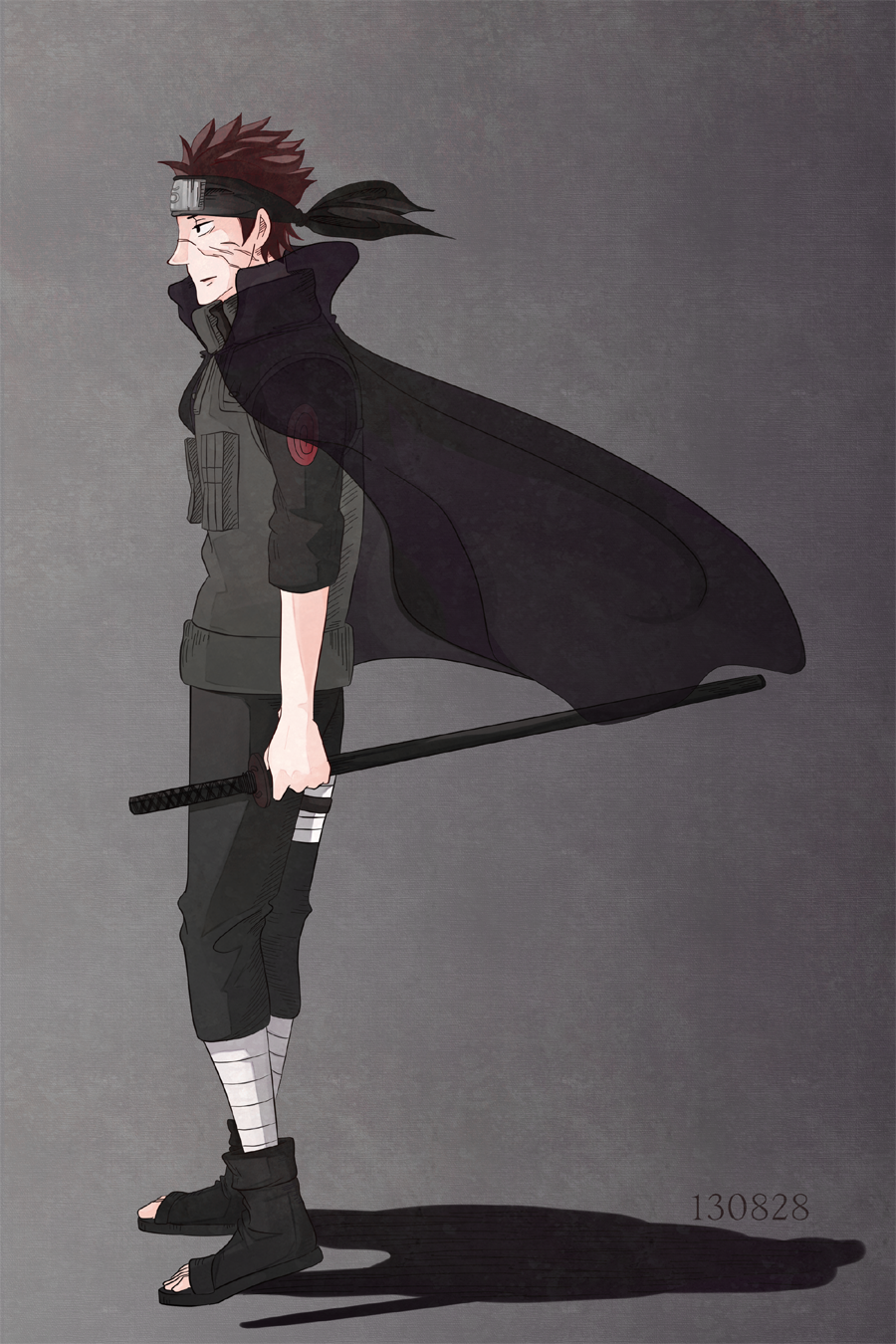 1boy, brown_hair, cape, forehead_protector, full_body, grey_background, highres, katana