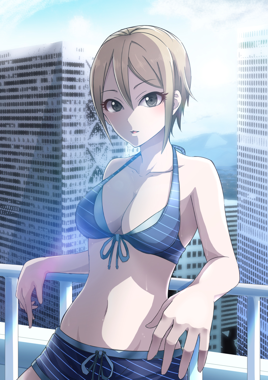 10s, 1girl, bad_id, bad_pixiv_id, bikini, black_eyes, blonde_hair, building