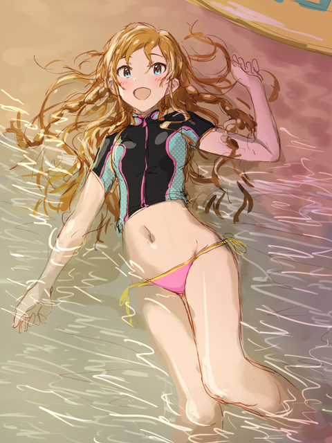 10s, 1girl, :d, beach, bikini, bikini_bottom_only, blue_eyes, blush