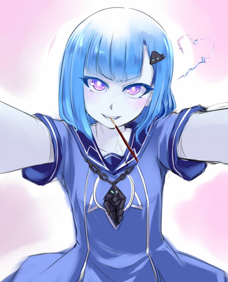 1girl, blue_hair, blue_skin, colored_skin, electricity, female_focus, food, food_in_mouth