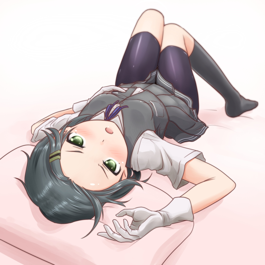 10s, 1girl, bike_shorts, black_hair, black_skirt, black_socks, blue_ribbon, blush, buttons, collared_shirt, female_focus, gloves, green_eyes, hair_ornament, hairclip, hand_on_own_stomach, highres, kantai_collection, kneehighs, kuroshio_(kancolle), kyou_(tr-6), looking_at_viewer, lying, on_back, open_mouth, personification, pillow, pleated_skirt, ribbon, school_uniform, shirt, short_hair, short_sleeves, skin_tight, skirt, socks, solo, sweatdrop, tongue, upside-down, vest, white_gloves, white_shirt