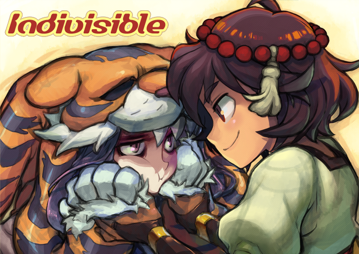 2girls, ahoge, ajna_(indivisible), beads, black_eyes, black_hair, bridal_gauntlets, cheek_squash, copyright_name, dark-skinned_female, dark_skin, english_text, eye_contact, headband, indivisible, long_hair, looking_at_another, multiple_girls, pale_skin, pelt, purple_eyes, razmi_(indivisible), shigeru_arsw, short_hair, smile, text_focus, tiger, upper_body