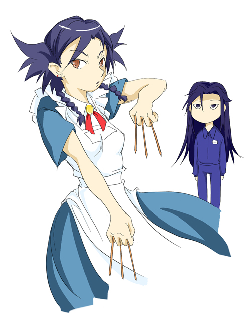 00s, 2girls, black_eyes, black_hair, blue_dress, bodysuit, braid, chopsticks