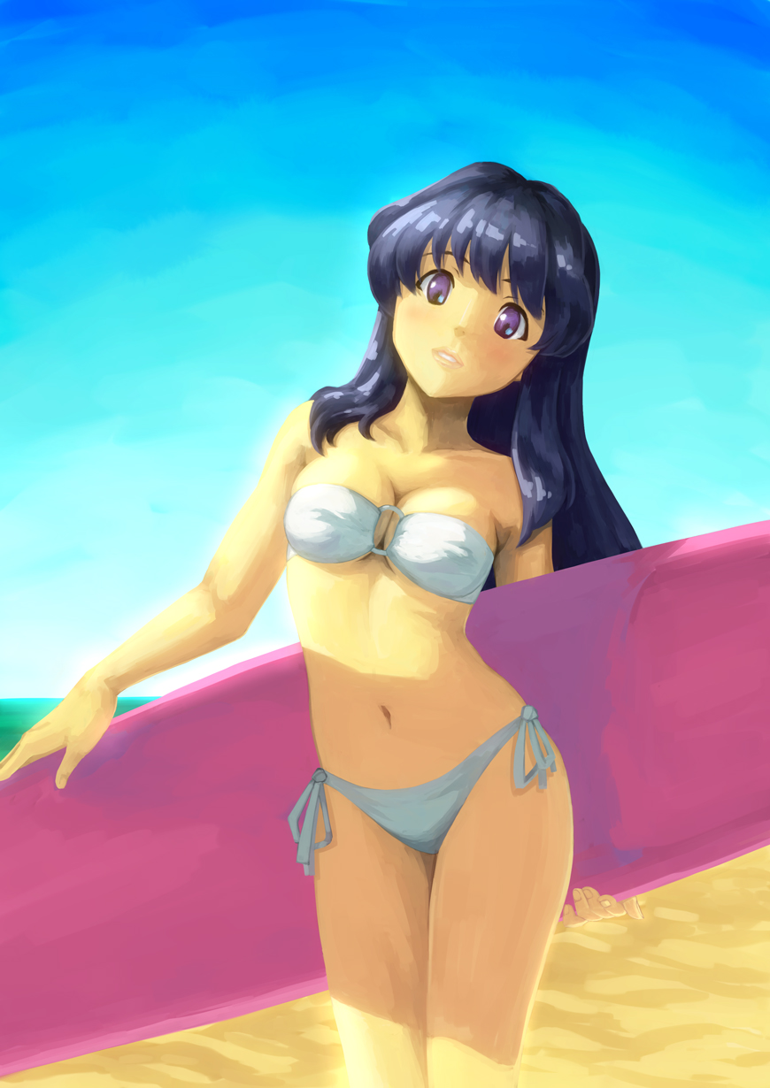 1girl, artist_request, bad_id, bad_pixiv_id, beach, bikini, black_hair, breasts