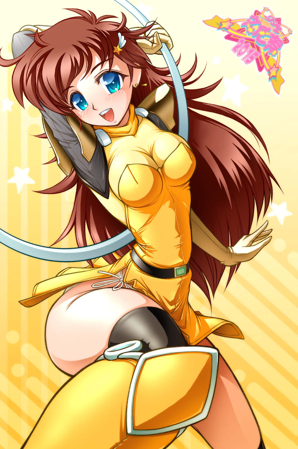 10s, 1girl, 2015, belt, black_thighhighs, blue_eyes, boots, brown_hair