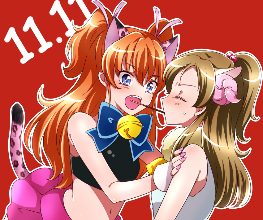 10s, 2girls, :o, animal_ears, bell, blue_bow, blue_eyes, blush