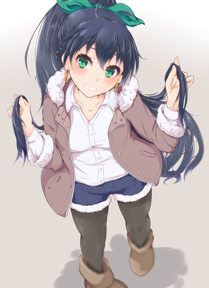 10s, 1girl, ahoge, banana_(hirane1988), black_pantyhose, blue_hair, blue_shorts, blush