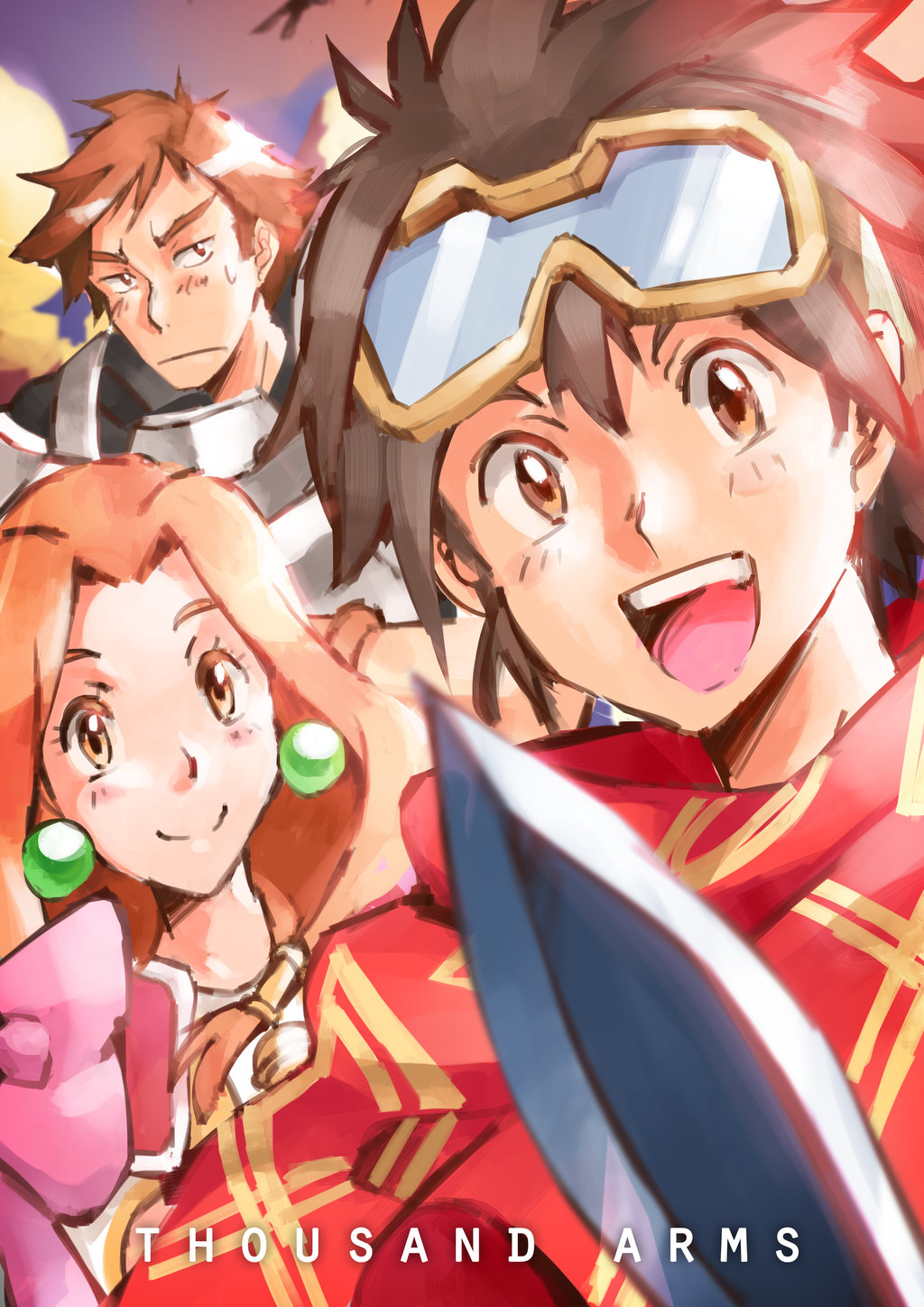 1girl, 2boys, armor, barneyshux, black_hair, breasts, brown_hair, dress