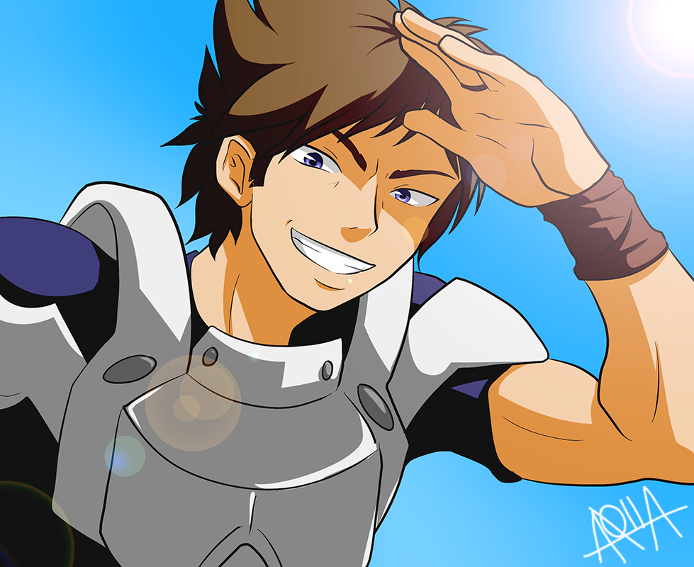 1boy, armor, brown_hair, male_focus, muza_grifford, salute, short_hair, solo, thousand_arms, upper_body