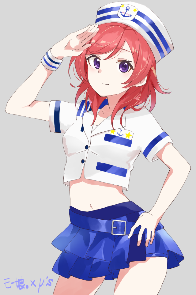 10s, 1girl, dress, female_focus, hat, looking_at_viewer, love_live!, love_live!_school_idol_project, nishikino_maki, purple_eyes, red_hair, sailor_dress, sailor_hat, salute, short_hair, smile, solo, taiki_(ozone)